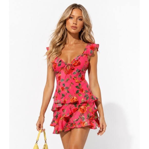 Signature 8 Dresses & Skirts - Signature NWT Rose Pink Floral Ruffle Tiered Summer Mini Dress Fuchsia Small